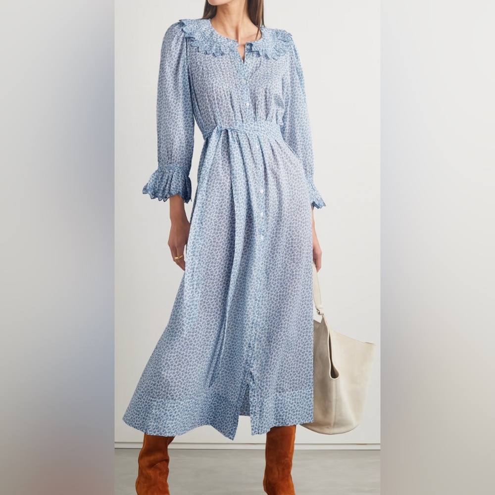 Doen helena belted embroidered floral-print organic cotton-voile midi dress